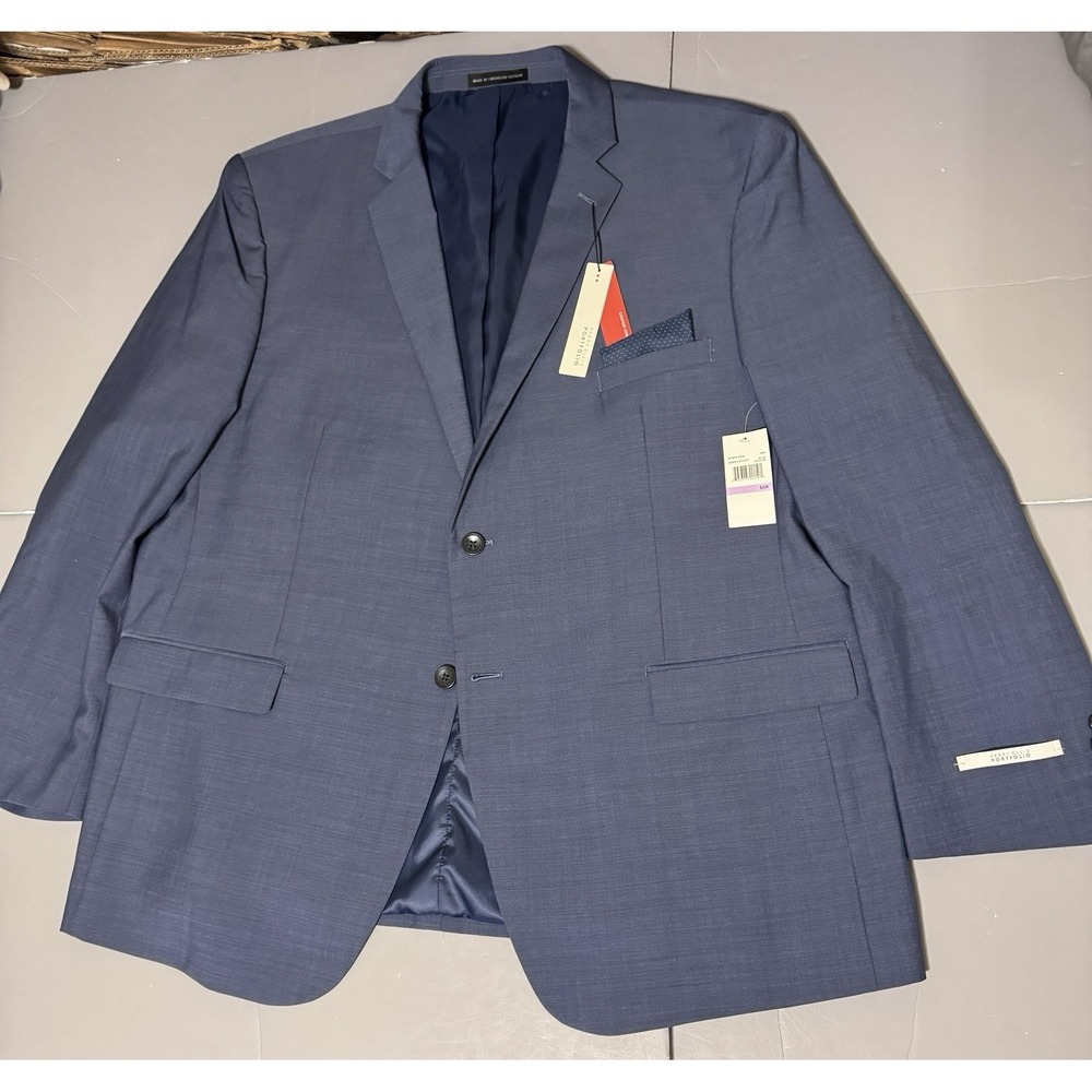 Perry Ellis Portfolio Blazer Jacket 50R Blue Solid Modern Fit Stretch Wool Blend